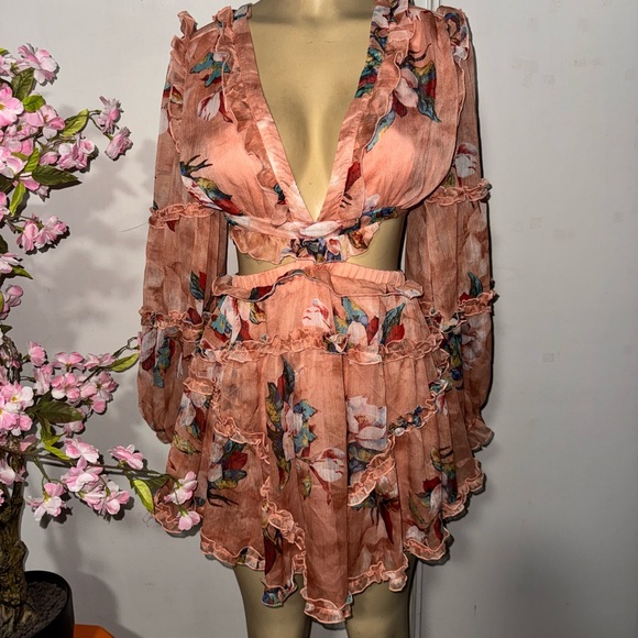 Luxxel Floral Ruffle Dress in Peach and Multicolor - Picture 2 of 8